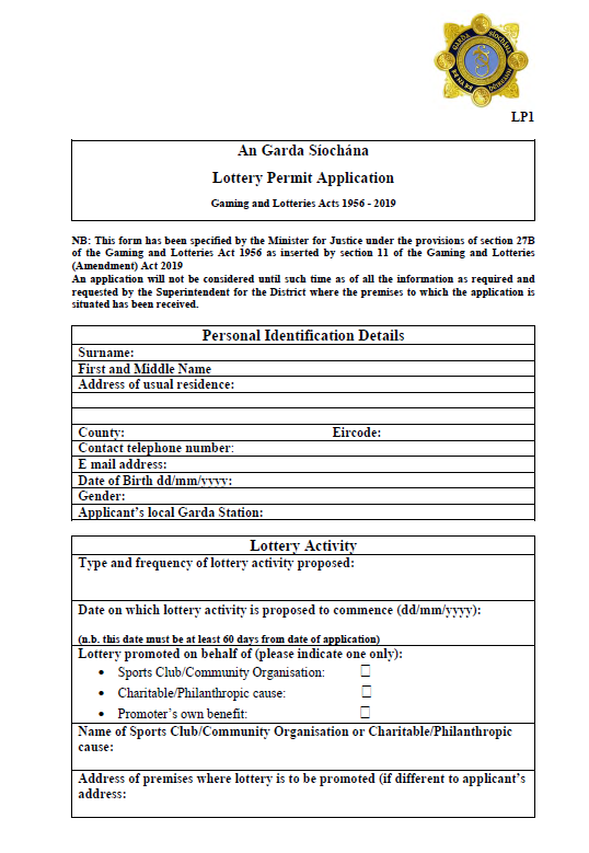 Garda Lottery / Raffle Permit Application